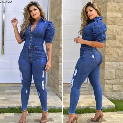 China ZACAVIA Anti-Pilling Overalls Package New Denim Tracksuits Bodycon Puff Overalls Short Sleeve Women Solid Long Pants for sale