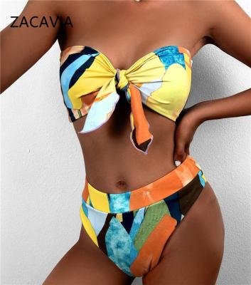 China Zacavia Viable 2021 New Swimsuit Ladies Split High Waist Bow Printed Bikini for sale