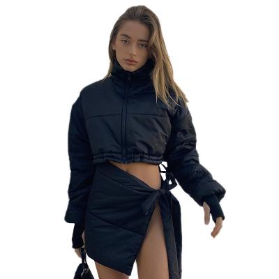 China Spandex/Polyester MA0011 Winter Solid Color Shorts Coat Zipper Stand Collar Puff Jacket Top Cotton Short Skirt Long Set Women Two Piece Set for sale