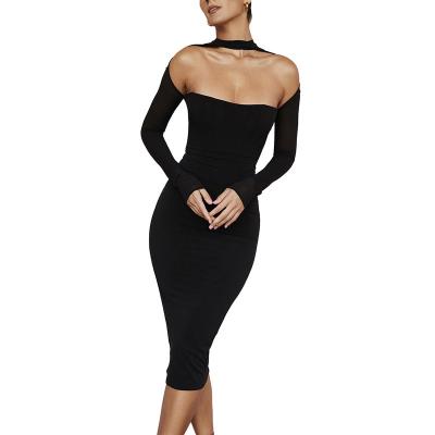 China Anti-Wrinkle MA0059 Long Sleeves Elegant Casual Dress Bodycon Modest Cut Sexy Midi Dresses Textured Halter Stealth Dress MA0059 for sale