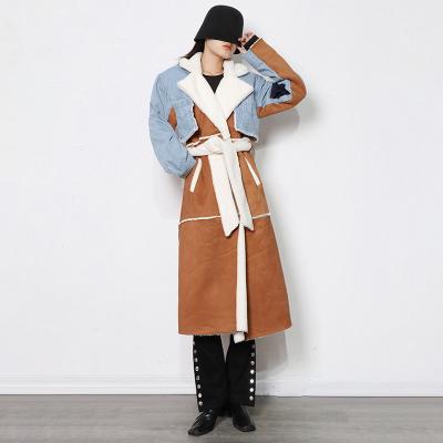 China MA0003 Outwear Patchwork Lambswool Denim Jacket Breathable Women Thick Long Coat Winter Casual Denim Coat for sale