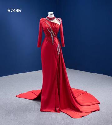 China Anti-wrinkle MAE0002 Long sleeves Dubai style beaded split evening dress luxury red formal dress satin elegant evening gown for sale