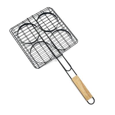 China Dustproof Non-stick Steel Burger Grill Accessories Grilling Hamburger Meatball BBQ Grill Net Grilling Basket with Wooden Handle for sale