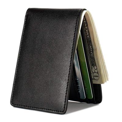 China Custom RFID Good Quality Front Pocket Man Leather Wallet Slim Black With ID Window for sale