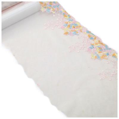 China Sustainable Beautiful gradient rainbow color 21cm lace embroidery for underwear tulle mesh for sale