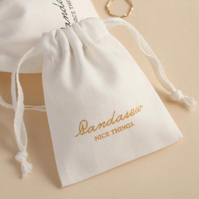 China PandaSew Logo High Quality White Herringbone Recyclable Custom Cotton Drawstring Tote Bag Jewelry Gift Pouch for sale