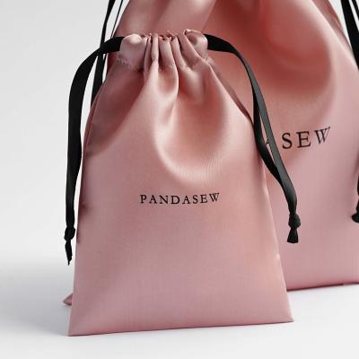 China PandaSew Luxury Custom Wholesale Pink Logo 13x10cm Drawstring Satin Package Jewelry Pouch Dust Bag for sale