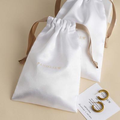 China PandaSew Logo White Satin Drawstring Bag Luxury Custom Wedding Favor Gift Jewelry Pouch for sale