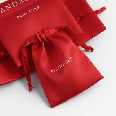 China PandaSew Logo Red Satin Drawstring Bag Luxury Custom Jewelry Pouch Wedding Favor Package for sale