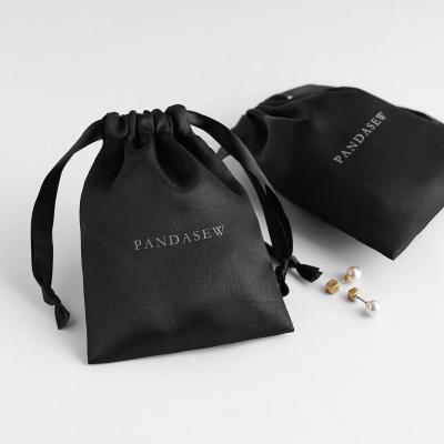 China PandaSew Luxury Wholesale Luxury Black Drawstring Satin Jewelry Pouch Dust Bag with Custom Printed Logo for sale