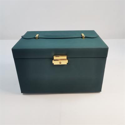 China Fashion Luxury Custom Multifunction Mirror Green Pu Leather Logo Organizer Hard Cosmetic Box Jewelry Case for sale