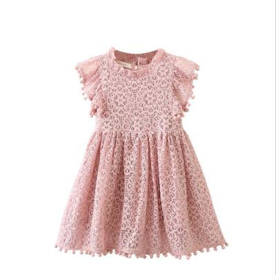 China 2021 Breathable Korean Style Girls Dress Solid Lace Crochet Princess Dress Girls Boutique Clothing for sale