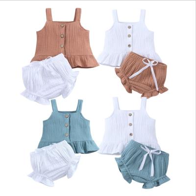 China Breathable Single Breasted Top+PP Shorts 2pcs Sleeveless Clothes Set Solid Linen Cotton Baby Clothing Sets for sale