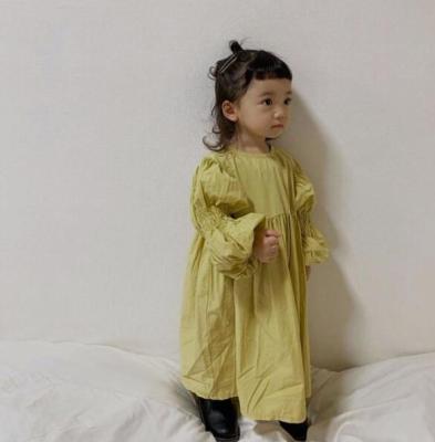 China Japan ONeck Style Spring Lantern Sleeve Summer Breathable Yellow Cotton Dress Canvas Yellow Loose Solid Princess Dress for sale