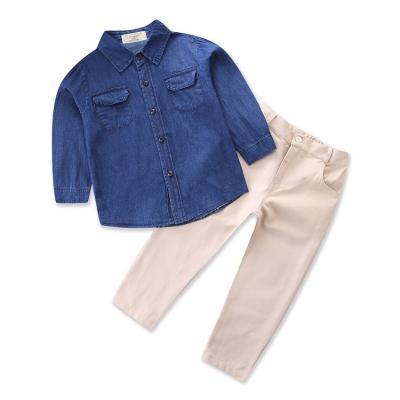 China Wholesale Formal Wholesale Blue Shirt Autumn Children's Clothing White Pants Long Sleeve Denim Two Pieces Clothing Set Boys for sale