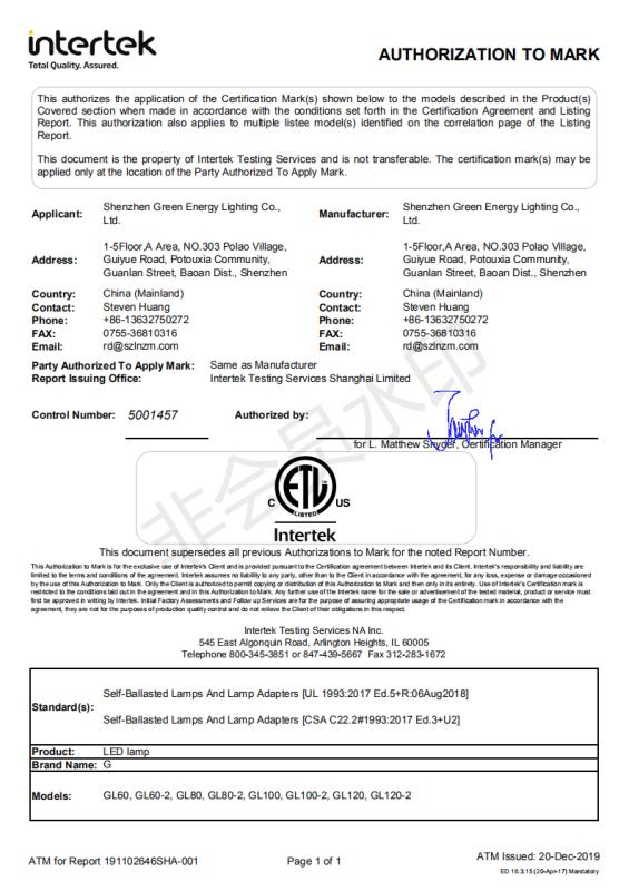 ETL - Shenzhen Green Energy Lighting Co., Ltd.