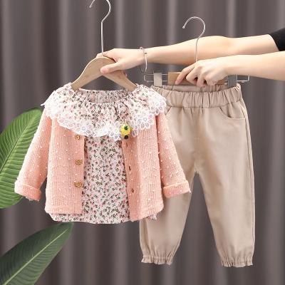 China Other Girls Full Sleeve Sweater Coat Shirt+Lace Flower+Pants Baby Clothing Sets Girl's Clothing Baby Clothes for sale