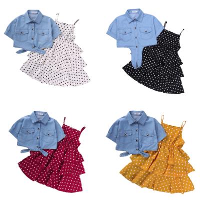 China New Children's Solid Color Denim Summer Polka Dot Skirt Suit Girls Western Dress Set Soft Cotton Jacket for sale