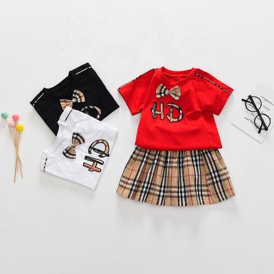 China New 2021 Fashion Girl's Casual Outfits Summer Suit Children's Clothing Set Girls T-shirt+Plaid Bow Causal Skirt Bow for sale