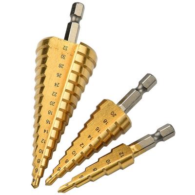 China HSS 3Pcs Triangle Leg Step Taper Titanium Steel Titanium Drill Bit Set For Pagoda Drill Wood Metal Drilling, for sale