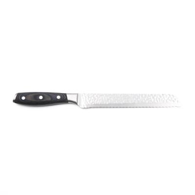 China Viable Professional 8 Inch Hammer Pattern Bread Knife With Pakka Handle Stainless Steel Wood Serrated Kitchen Knife for sale