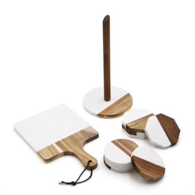 China New Design Sustainable Acacia Wood Marble Cutting Board Set Coasters For Drinks With Kitchen Paper Towel Roll Holder for sale