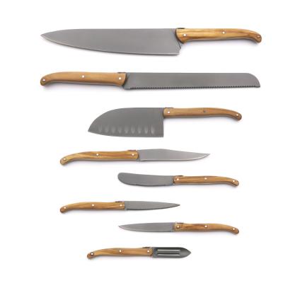 China Yangjiang New Arrival 8 Pcs Viable Dark Gray Olive Wood Handle +New PVD Coating Kitchen Knife Set for sale