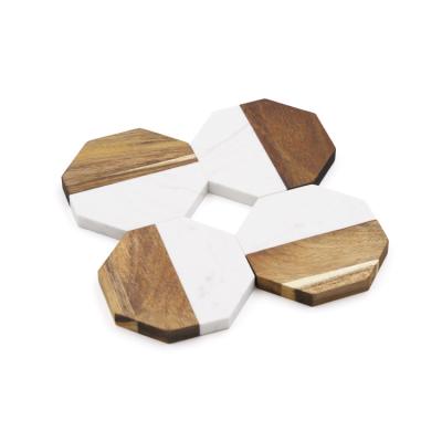 China Sustainable New Design Hexagonal Acacia Wood Marble Coasters For Drinks Bar Tea Beer Coffee Coaster for sale