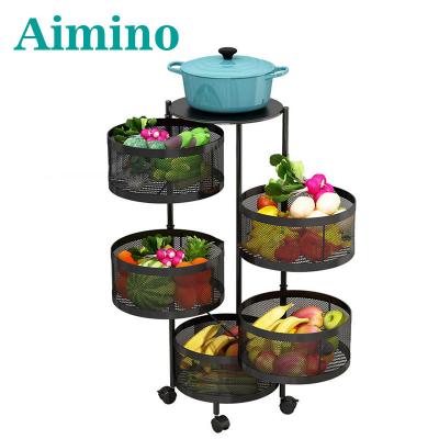 China AIMINO Stocked Rotating Shelf 360 Degree Baskets Fruit Universal 3/4/5 - Tier Kitchen Metal Storage Vegetable Rack With Wheels for sale