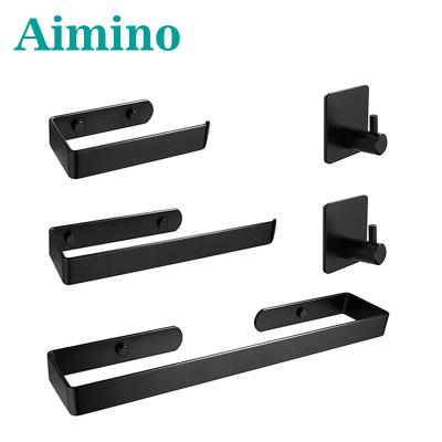 China Modern Rustproof Bathroom Hardware Wall Mounted Hardware Matte Black Stainless Steel Towel Rack Towel Free Drilling Hook for sale