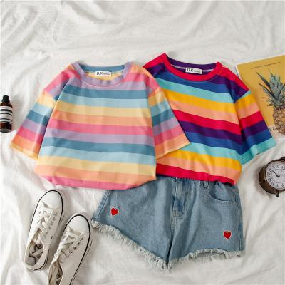 China Breathable Short Blouse Women 2021 Summer Rainbow Contrast Stripes Loose Short Sleeve T-shirt Women for sale