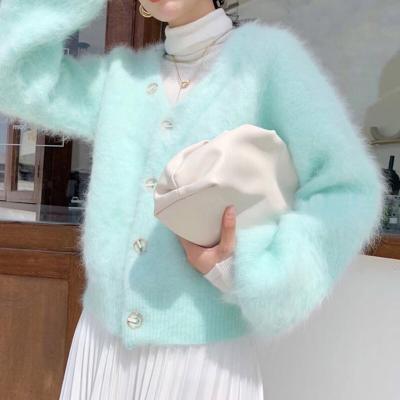 China New Anti-wrinkle ZACAVIA Ladies Plush Knit Coat Faux Fur Lantern Sleeve Thick Cardigan Sweater Coat for sale