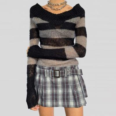 China 2021 Winter Fashion Anti-wrinkle Knit Basic Sweater V-Neckline Slim Striped Long Sleeve Knitted Sweater for sale