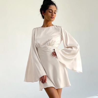 China ZACAVIA's new viable spring satin niche design of premier dress women's sleeves temperament flared a-line dress for sale