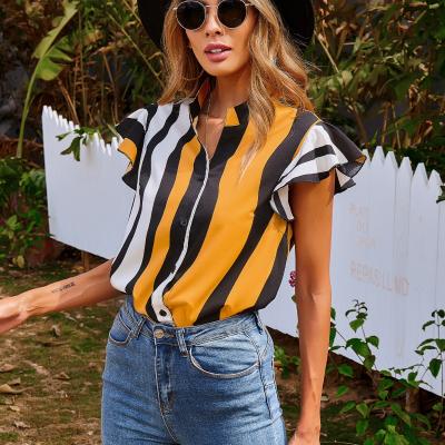 China ZACAVIA 2022 new women's anti-pilling striped shirt irregular printed loose short sleeve button down shirt for sale