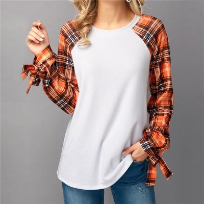 China Wholesale Anti Wrinkle T Shirts Women Fashion Colorblock Plaid Print Crewneck T Shirt Long Sleeves for sale