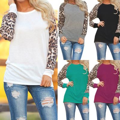 China Hot Sale Anti-wrinkle Women's Casual Long Sleeve T-Shirt Plus Size Crewneck Stitches Colorblock Leopard Print Chiffon Blouse for sale