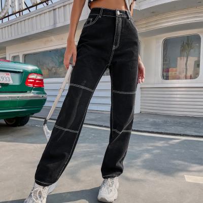 China Viable Women's Casual High Waist Denim Pants Cotton Loose Fit Jean Pants Black for sale