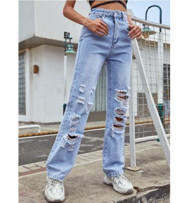 China Sustainable Hot Selling Fashion Cotton Light Blue Denim Pants Straight Leg Ripped Jeans For Women for sale