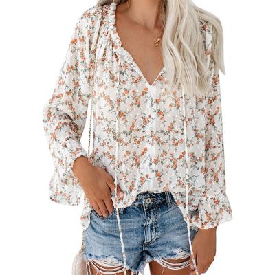 China Factory sales anti-pilling silk chiffon ladies butterfly sleeve light colors floral printing tops blouse for sale