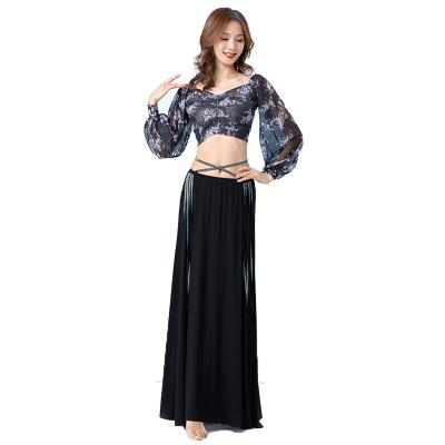 China Deep V Neckline Set Jacquard Rose Pattern Long Sleeve Skirt Set For Dance Performance for sale