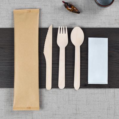 China Disposable Compostable Utensils Disposable Travel 16cm Wooden cutlery set Wood flatware set for restaurant Eco-friendly cutlery set for sale