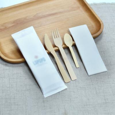 China Disposable Eco-friendly Disposable Natural Bamboo Cutlery Sets Knife Fork Spoon With Paper Napkin Customized Logo For Restaurant for sale