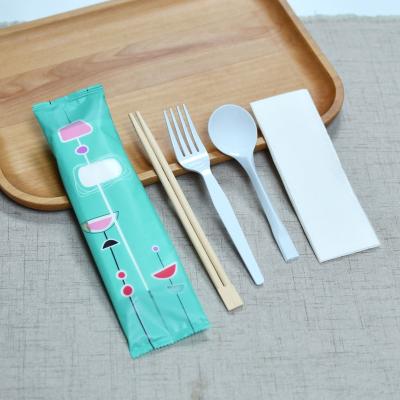 China Viable disposable cutlery set take away cutlery package chopstick napkin spoon fork restaurant design logo for sale