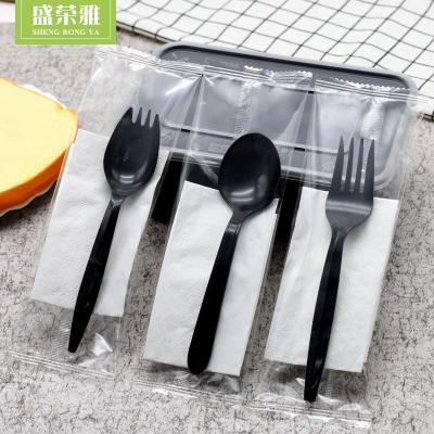 China Disposable Plastic Spoon Napkin Fork Knife Set OPP Two-piece Package for sale