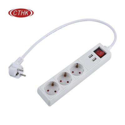 China Multifunctional Easy Installation 16A 250V Universal 3 Ways 2 Outlet Eu Surge Protector Power Strip With USB for sale