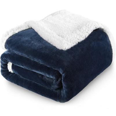 China Anti-pilling Wholesale Custom Solid Color Double Layer Navy Blue Blanket Sherpa Flannel Fleece Blanket for sale