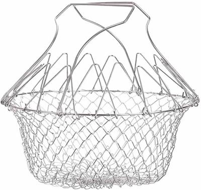 China Metal Factory direct portable frying net, round stainless steel folding frying basket, retractable hanging strainer for sale