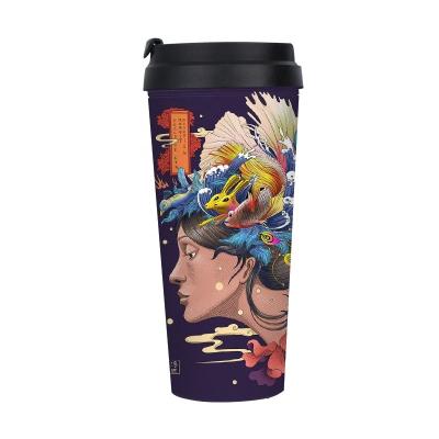 중국 Hot Sale Plastic On Amazon Advanced Chinese Ukiyo-e Painting Art Reusable Custom 16oz Travel Coffee Mug Wholesale Cheap Eco Friendly 판매용