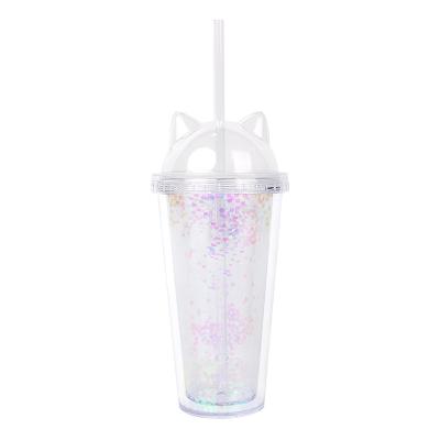 China Cute Vivid Double Wall Glitter Cat Ear Custom Water Bottle Bpa Free Plastic Water Bottles With Lid, Eco Friendly Clear Water Bottles for sale